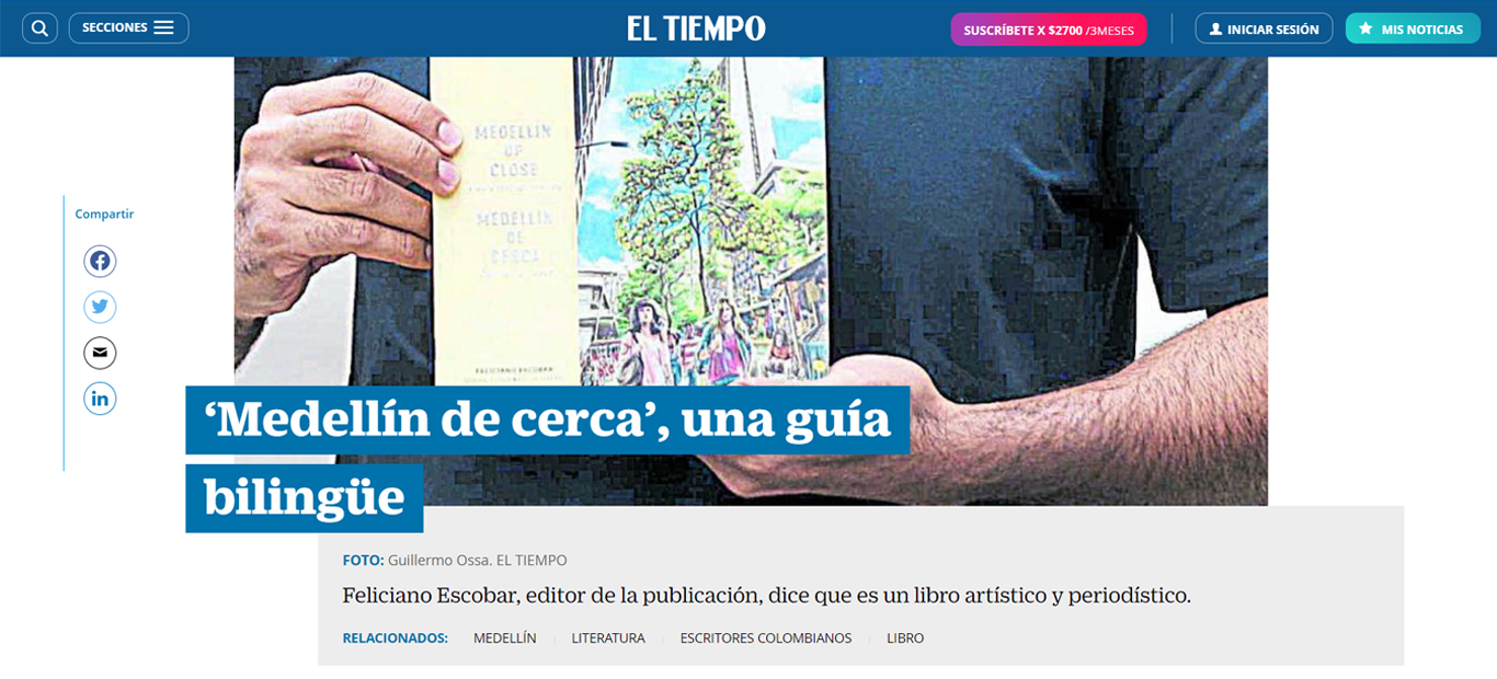 Artículo del periódico El Tiempo sobre el libro 'Medellín de cerca'